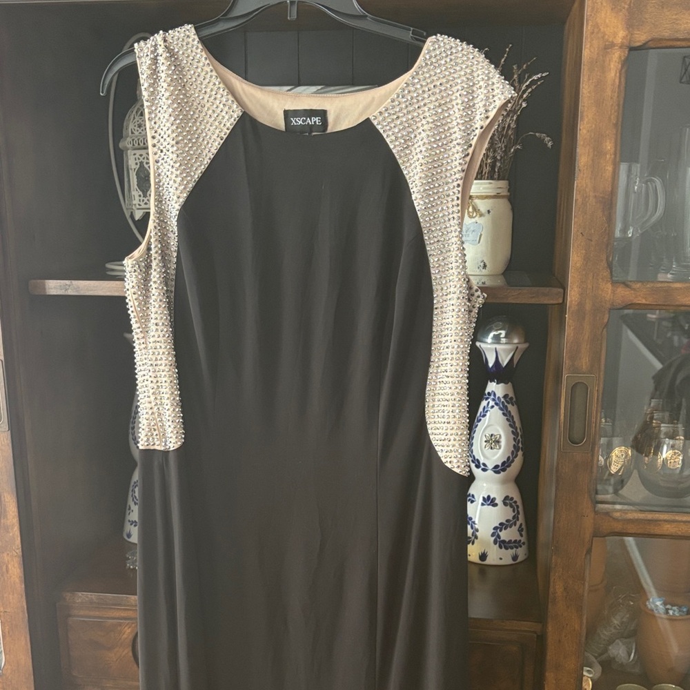 Xscape Black Dress with Cream Embellishments